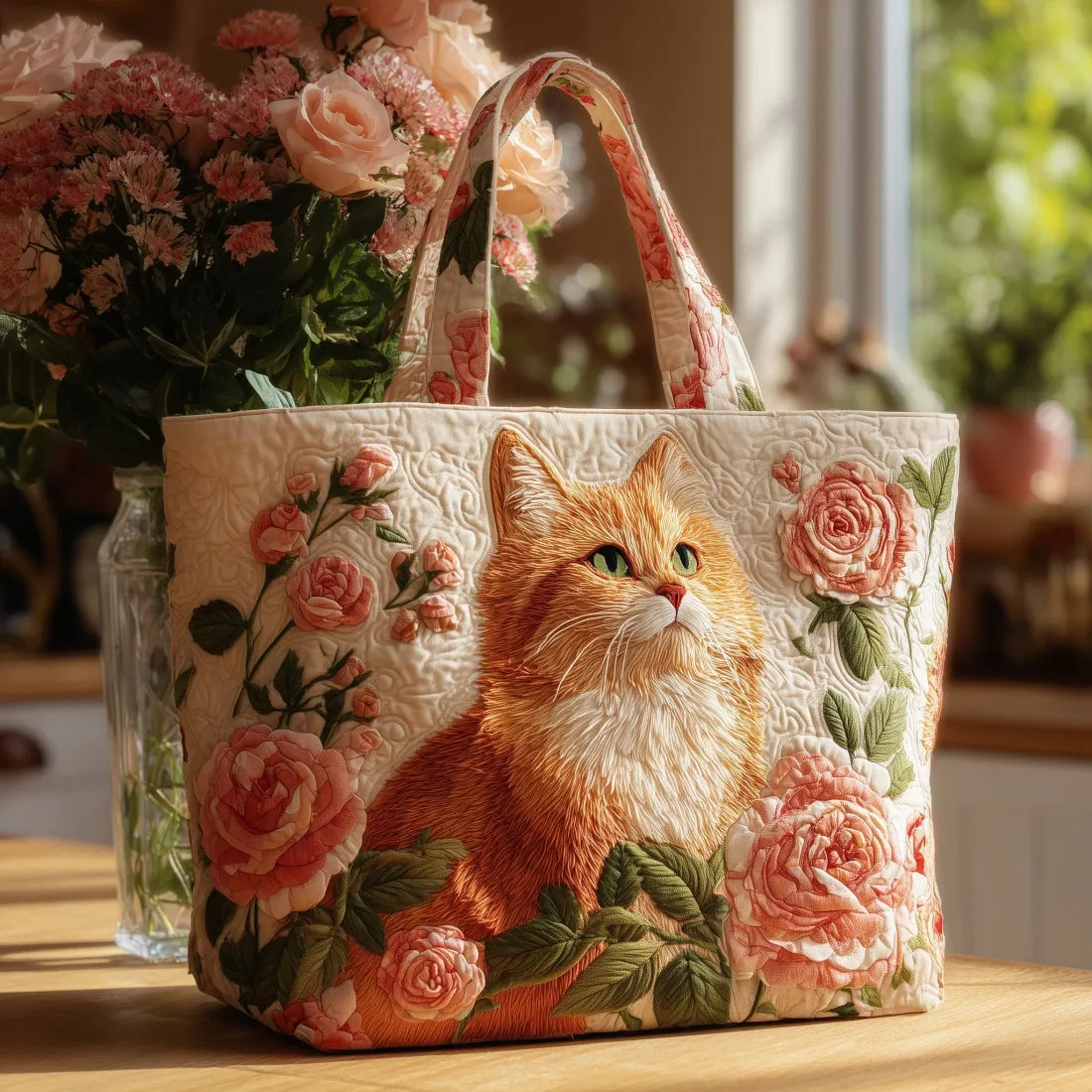 Elegancka torebka z haftowanym motywem kota i kwiatów, wiosenna