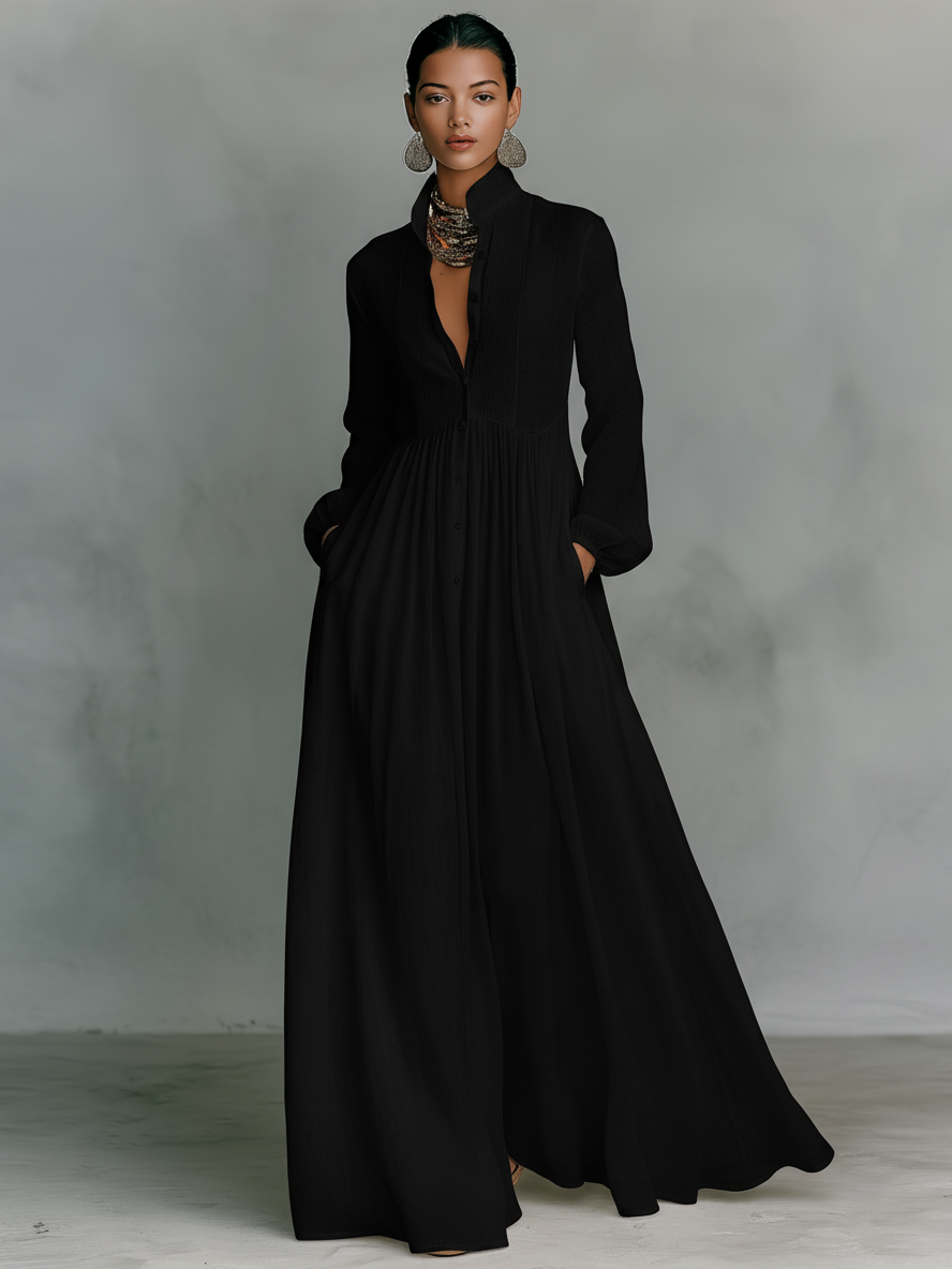 Elegancka lniana sukienka maxi z kołnierzem stójką na lato