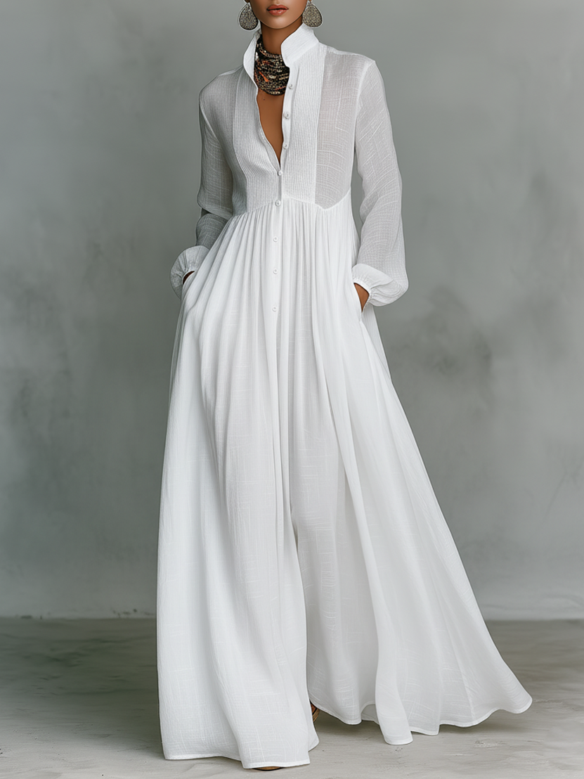 Elegancka lniana sukienka maxi z kołnierzem stójką na lato