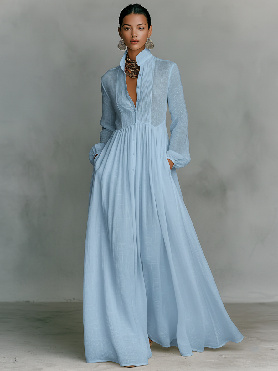 Elegancka lniana sukienka maxi z kołnierzem stójką na lato