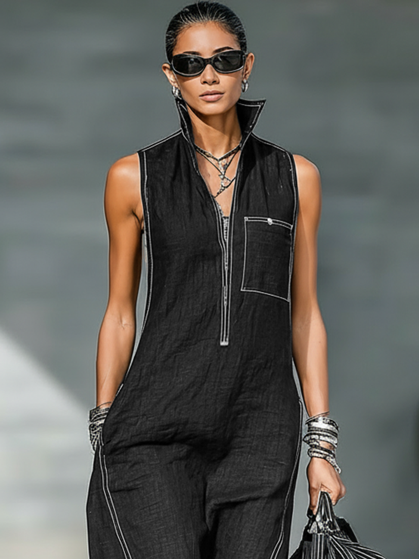 Elegancki kombinezon bez rękawów z kontrastowym wykończeniem na lato