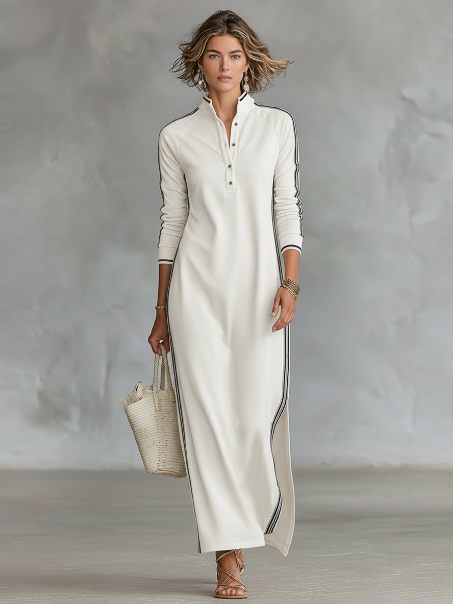 Elegancka maxi sukienka dresowa z kołnierzem na guziki, wiosenna