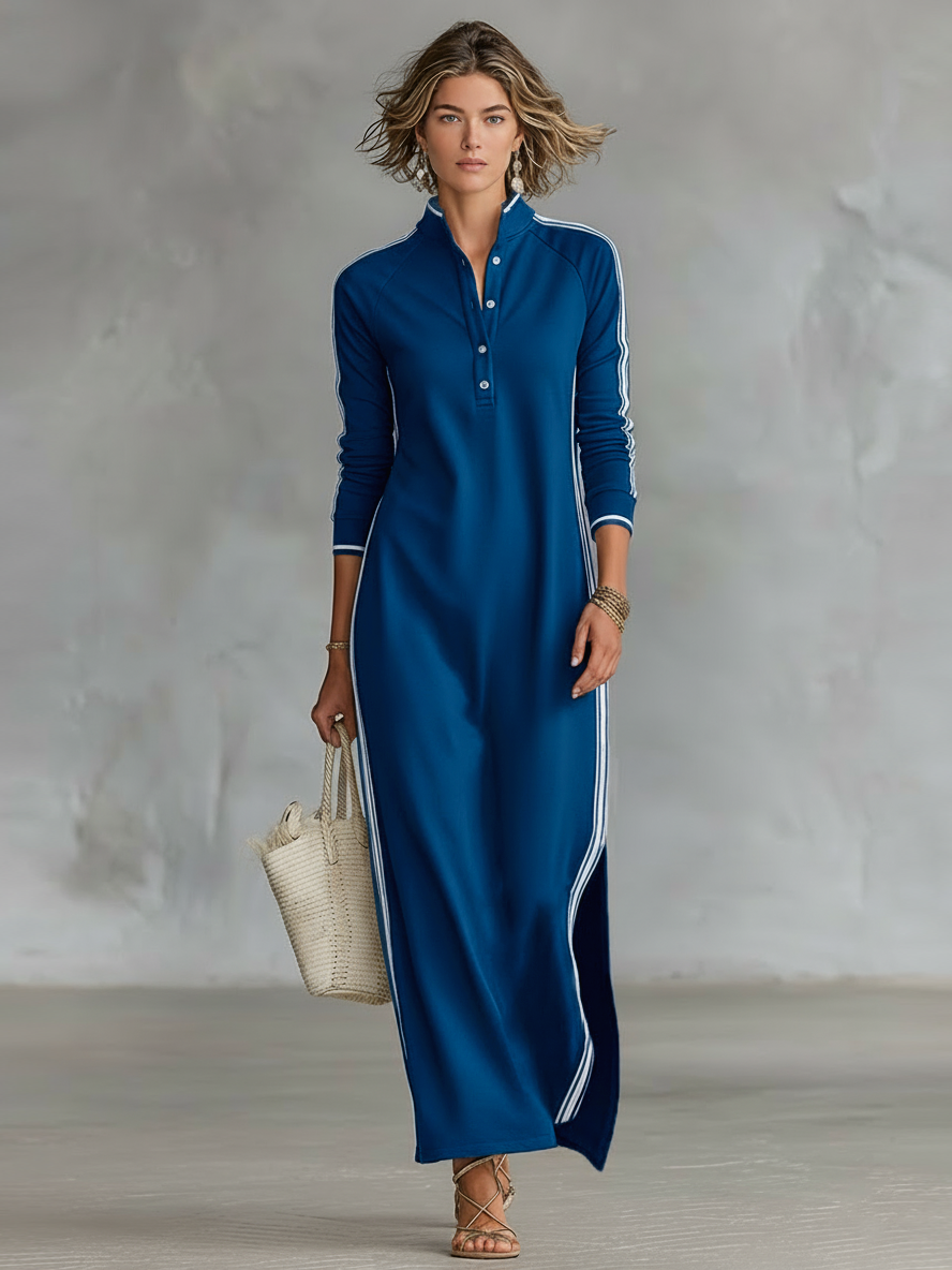 Elegancka maxi sukienka dresowa z kołnierzem na guziki, wiosenna