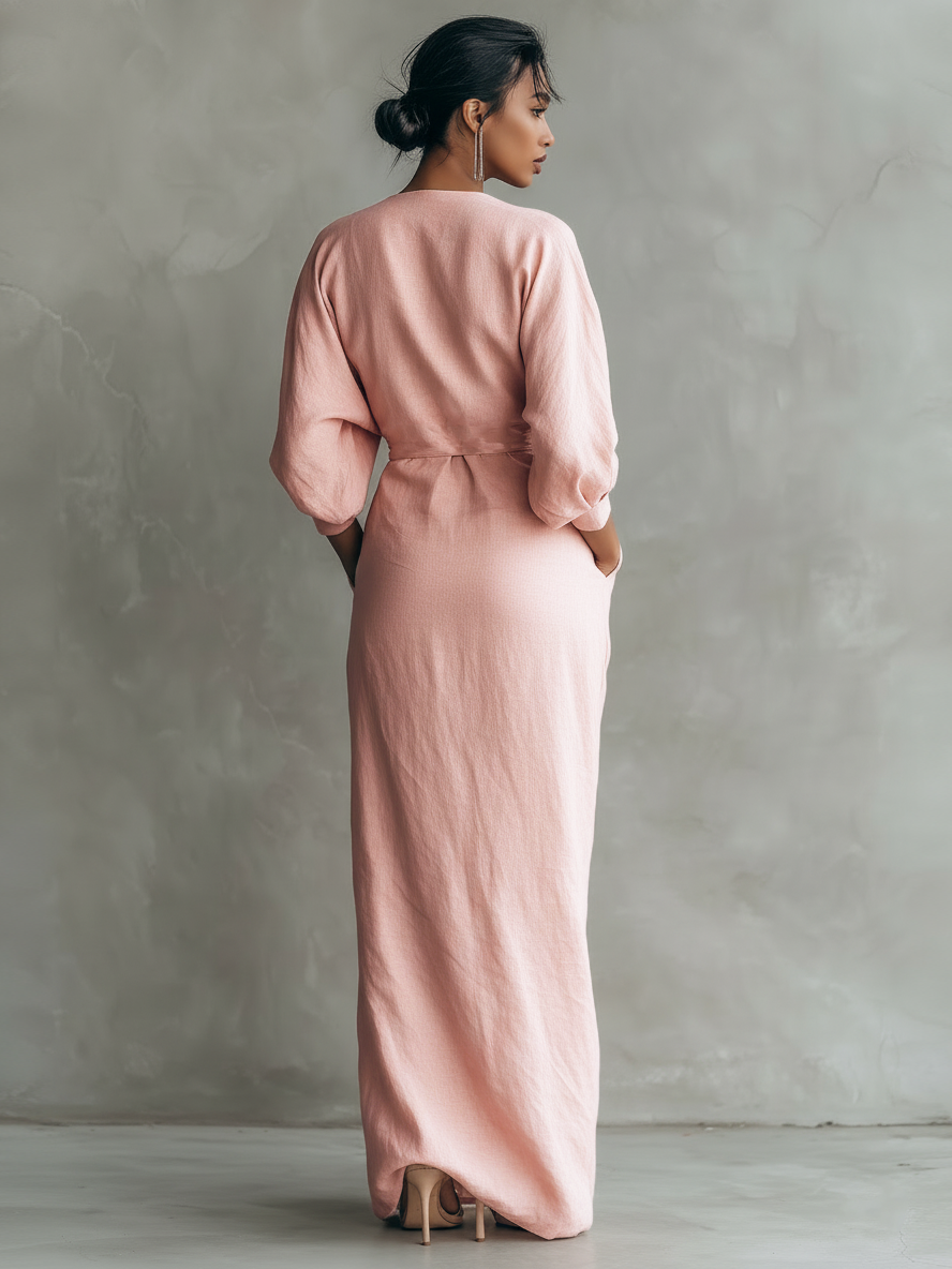 Elegancka lniana sukienka maxi z dekoltem V na lato
