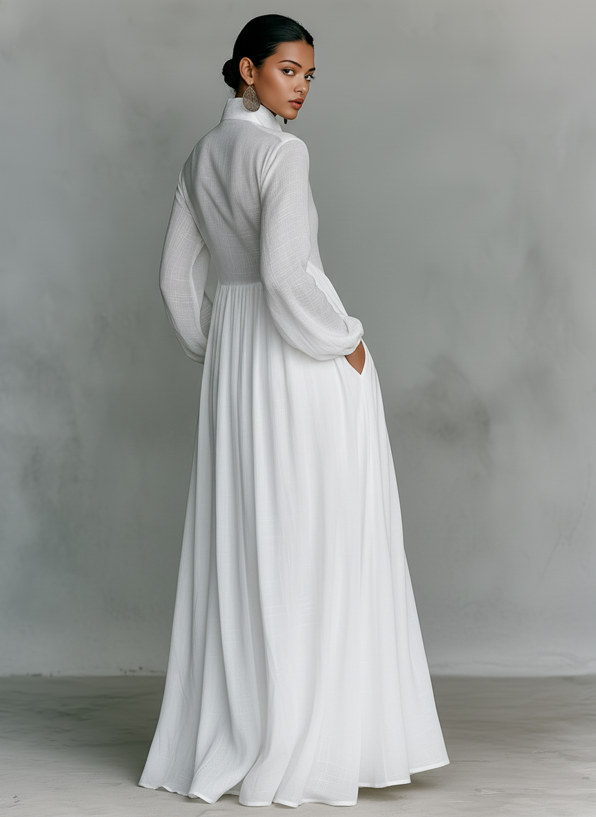 Elegancka lniana sukienka maxi z kołnierzem stójką na lato