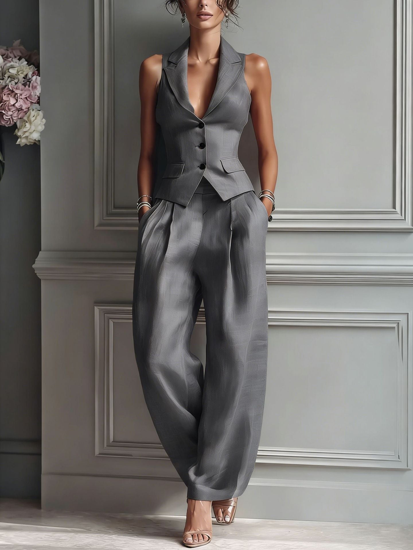 Elegancki damski komplet dwuczęściowy z dekoltem V na wiosnę