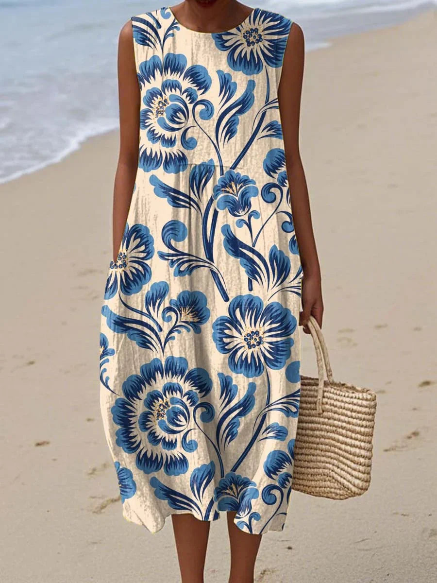 Elegancka Letnia Sukienka Bez Rękawów z Kieszeniami