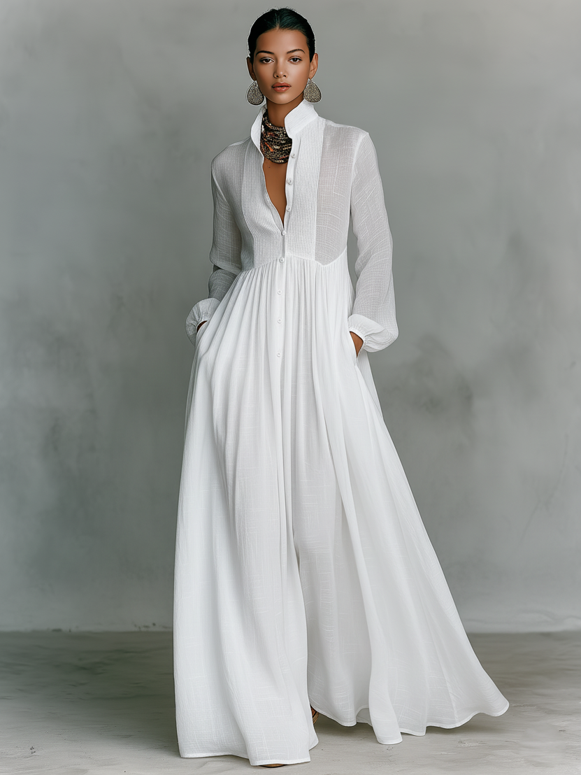 Elegancka lniana sukienka maxi z kołnierzem stójką na lato