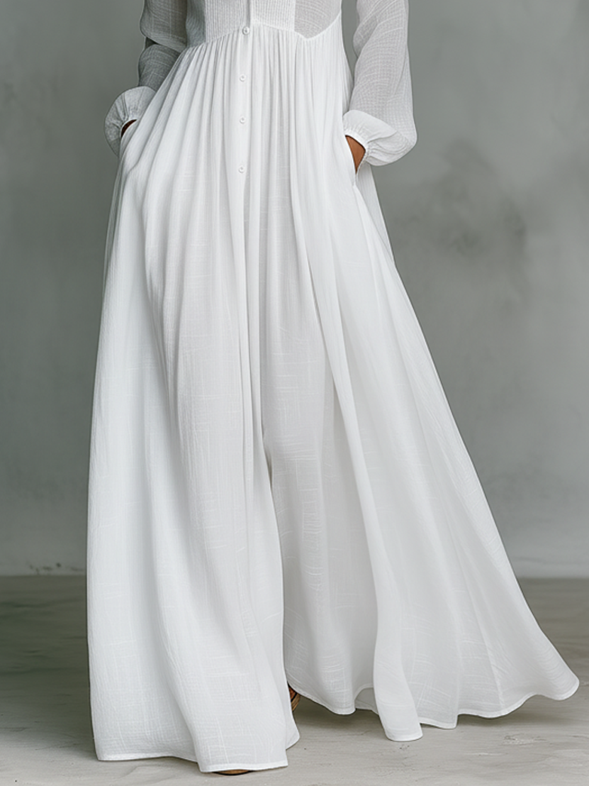 Elegancka lniana sukienka maxi z kołnierzem stójką na lato